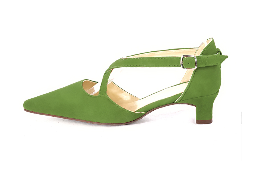 Women's grass green open side dress shoes, with crossed straps. Tapered toe. Low kitten heels - Profile view